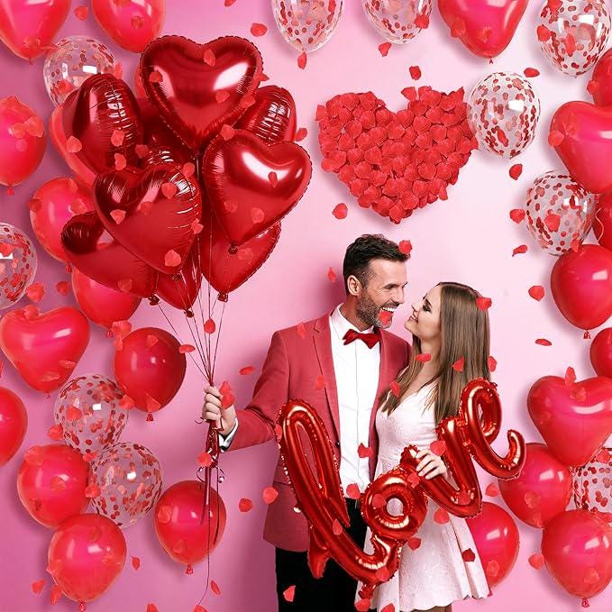 Red Heart Love Balloons Confetti Latex with Rose Petals for Valentines Wedding Party