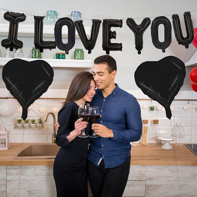 16 Inch Black I LOVE YOU Balloons Banner with Heart Foil for Romantic Decor