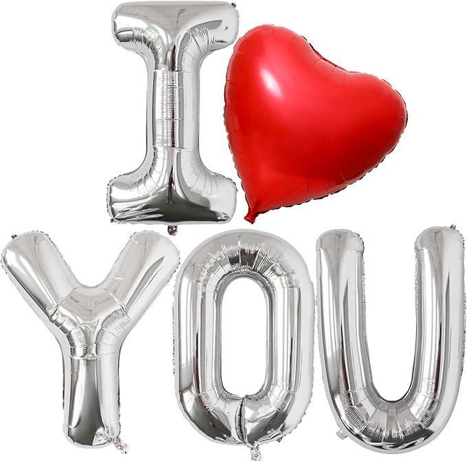 42 Inch Silver I Love You Balloons with Red Heart Foil for Valentines Wedding Party