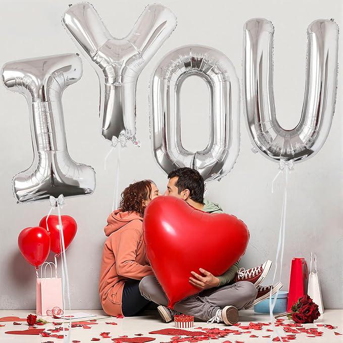 42 Inch Silver I Love You Balloons with Red Heart Foil for Valentines Wedding Party