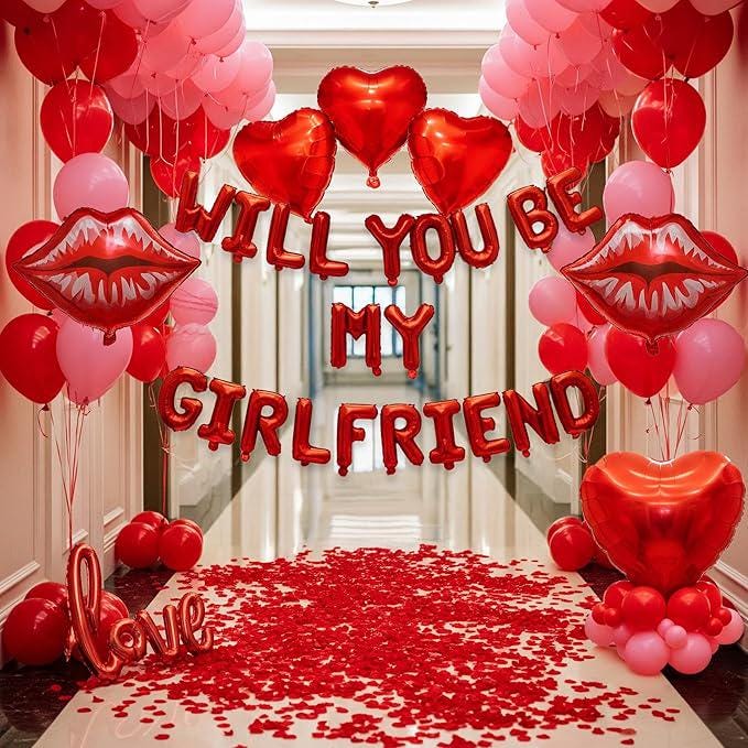 Red Will You Be My Girlfriend Balloon Set Heart Lips Love Balloons Valentines Decor