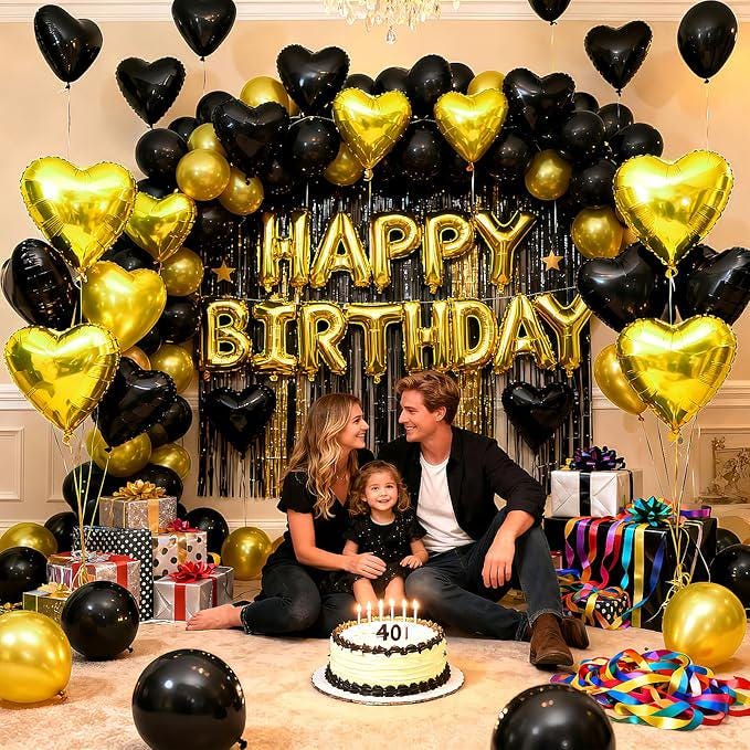18Pcs Black and Gold Heart Foil Balloons for Valentines Wedding Party Decor