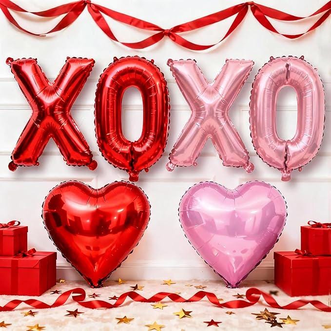 6Pcs Red XOXO Heart Balloons Valentines Day Party Decor for Anniversary Romantic