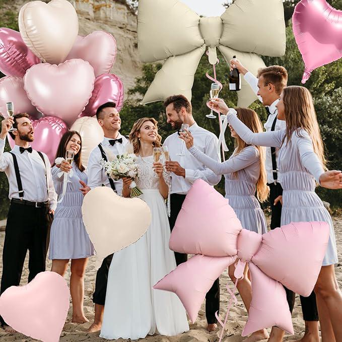 10Pcs Pink White Heart Foil Balloons 18 Inch Bow Balloon Birthday Wedding Party Decor