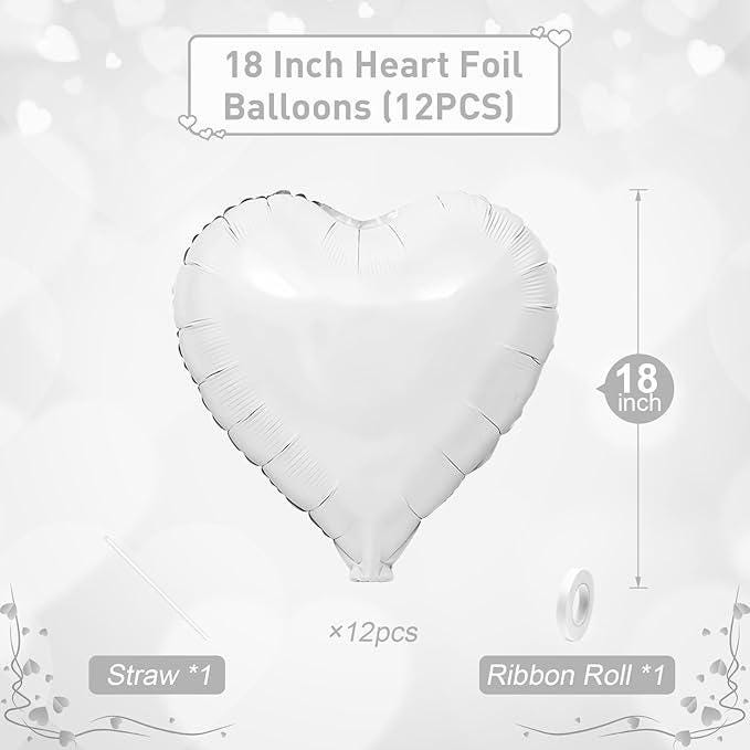12Pcs White Heart Foil Balloons 18 Inch Valentines Day Birthday Wedding Party Decor