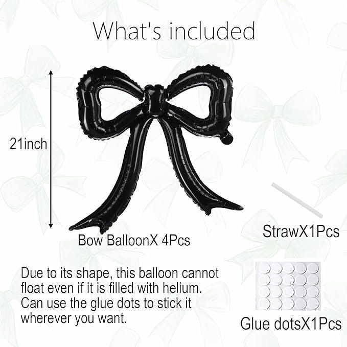 4Pcs Black Bow Foil Balloons Mylar Balloon Set Birthday Bridal Shower Party Decor
