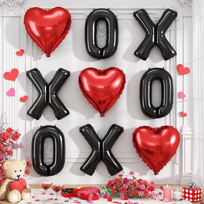 XOXO Balloons 18 Inch Red Heart 16 Inch Black Letter Foil Balloons Valentines Party Decor