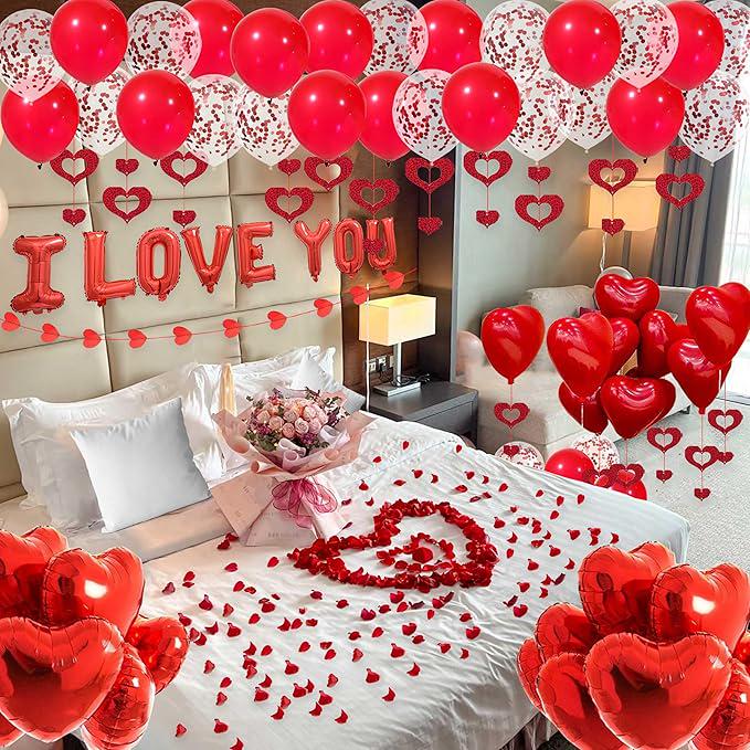 Valentines Day Decorations 2 Set Red I Love You Balloons Rose Petals Party Decor