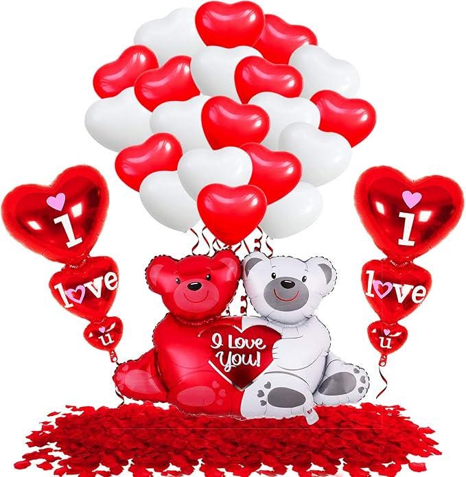 Big Teddy Bear Balloons Set 40 Inch 24Pcs With 2000 Red Rose Petals Romantic Decor