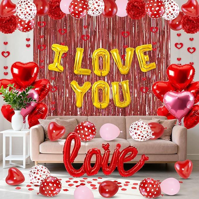 Red Valentines Day Decorations Set I Love You Banner Rose Petals Heart Balloons Streamers