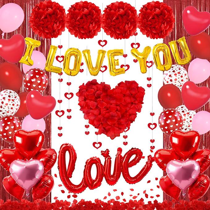 Red Valentines Day Decorations Set I Love You Banner Rose Petals Heart Balloons Streamers
