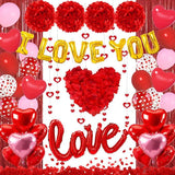 Red Valentines Day Decorations Set I Love You Banner Rose Petals Heart Balloons Streamers