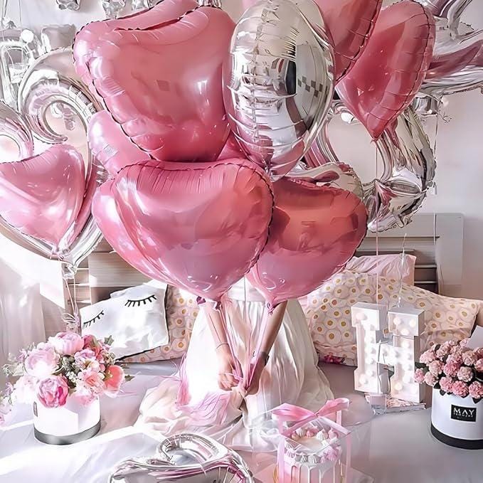 Pink Silver Heart Balloons 12 Pcs 18 Inch Valentines Wedding Romantic Party Decor