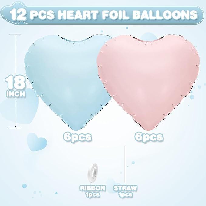 Pink and Blue Heart Balloons 12pcs Pastel Foil for Baby Shower Party Decor