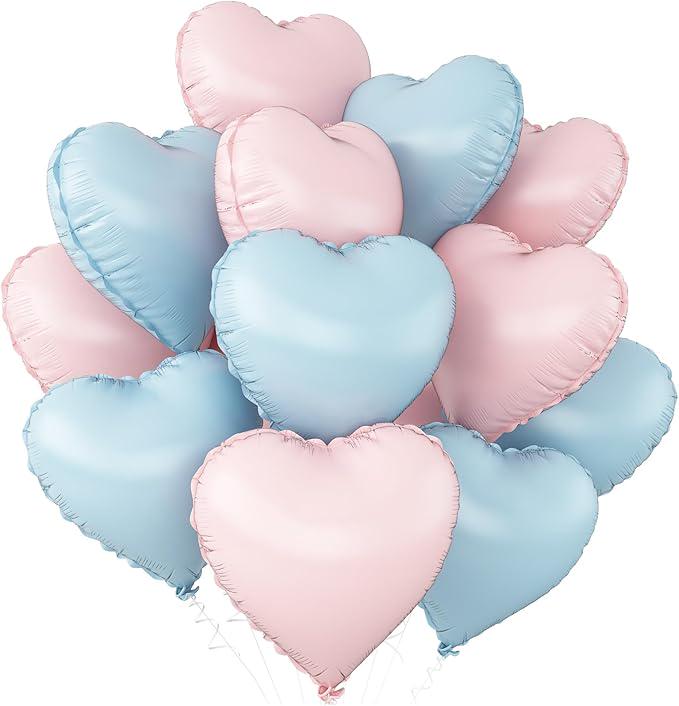 Pink and Blue Heart Balloons 12pcs Pastel Foil for Baby Shower Party Decor
