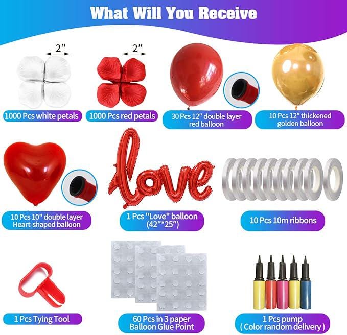 50PCS Love Balloons with Heart Balloons and Silk Rose Petals Gold Balloon Kit for Valentine Party