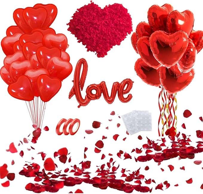 50 Red Heart Balloons Latex 18 Inch Foil 42 Inch Love Balloon with Red Petals Valentines Wedding
