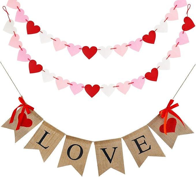 Valentines Decor Burlap Banner Be Mine Hanging Banner with 28 Felt Hearts