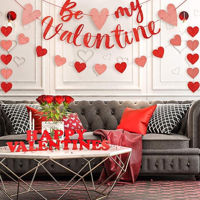 Be My Valentine Banner with Heart Garland 3pcs Glitter Red Pink Party Decor