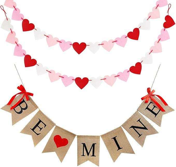 Valentines Decor Burlap Be Mine Hanging Banner with 28 Felt Heart Garland