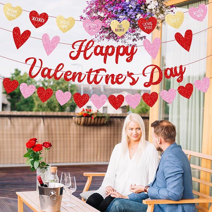 Happy Valentines Day Banner with Heart Garland Glitter Love Party Decor