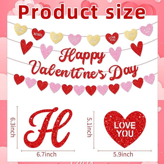 Happy Valentines Day Banner with Heart Garland Glitter Love Party Decor