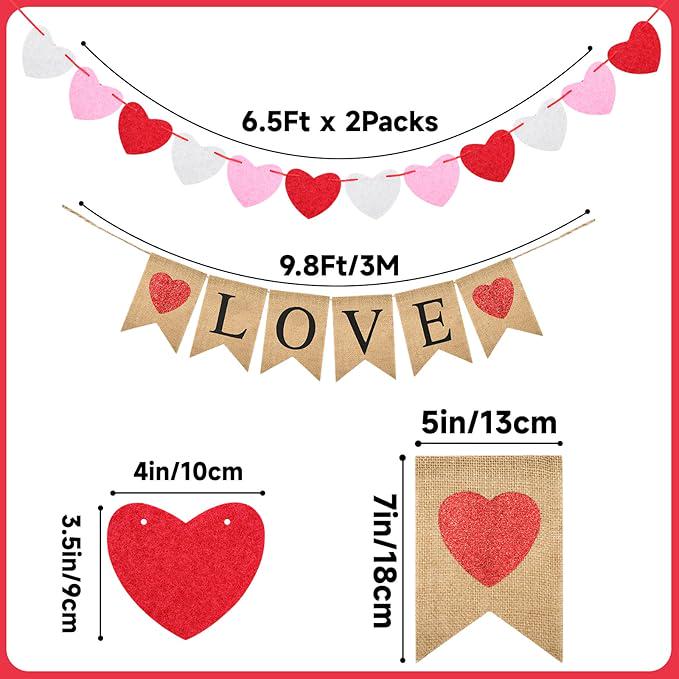 Valentines Burlap Banner Pre Assembled Rustic Love with 24 Felt Heart Garland Decor
