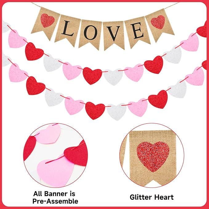 Valentines Burlap Banner Pre Assembled Rustic Love with 24 Felt Heart Garland Decor
