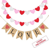 Valentines Burlap Banner Pre Assembled Rustic Love with 24 Felt Heart Garland Decor