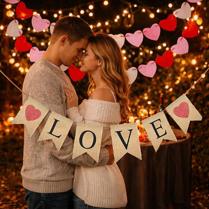 Valentines Burlap Banner Pre Assembled Rustic Love with 24 Felt Heart Garland Decor