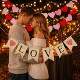 Valentines Burlap Banner Pre Assembled Rustic Love with 24 Felt Heart Garland Decor