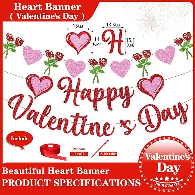 Glitter Happy Valentines Day Banner Red Pink Letters Rose Heart Party Decor