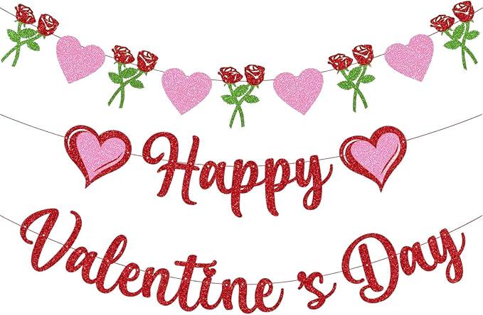 Glitter Happy Valentines Day Banner Red Pink Letters Rose Heart Party Decor