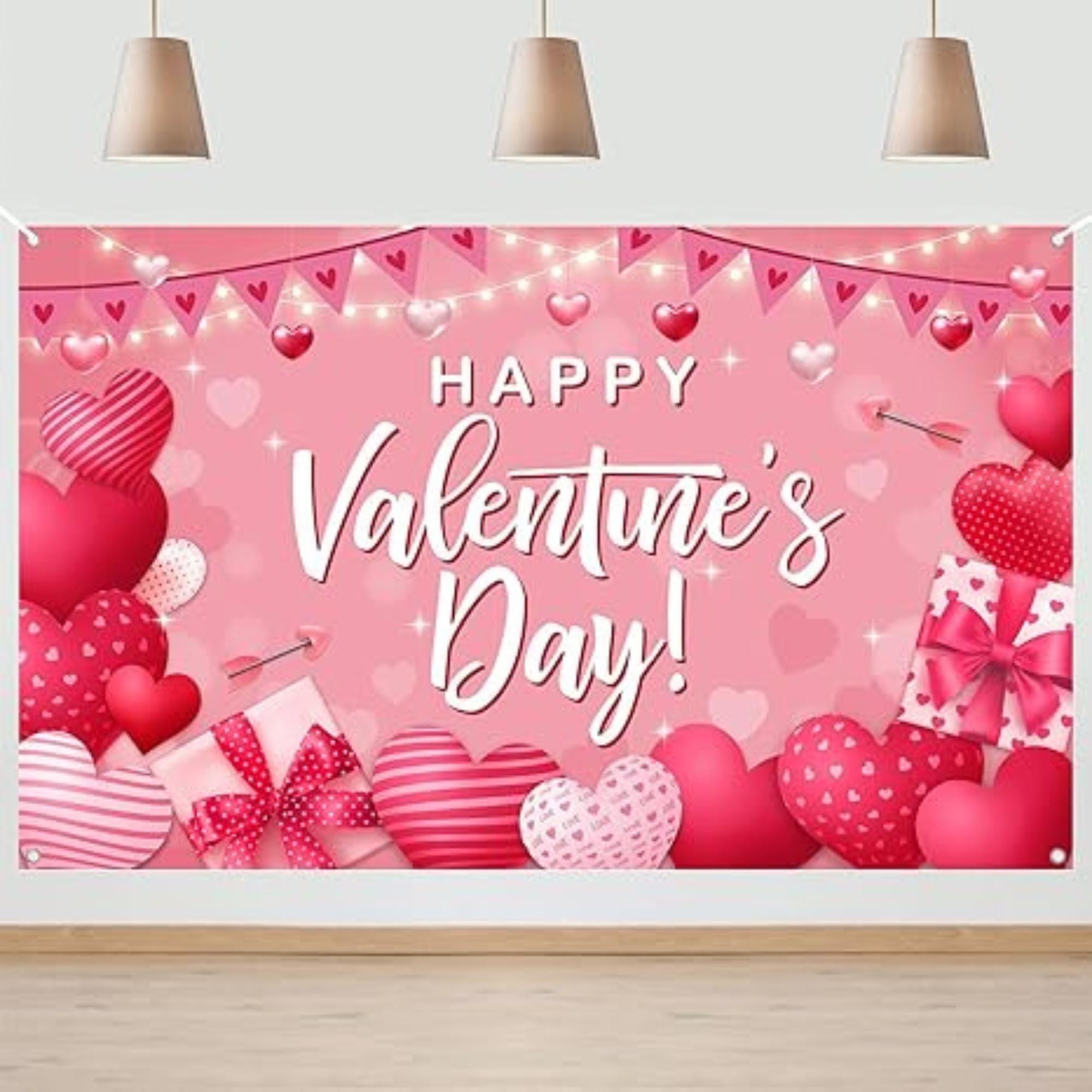 Happy Valentines Day Pink Backdrop Love Heart Banner Party Decor 14 February