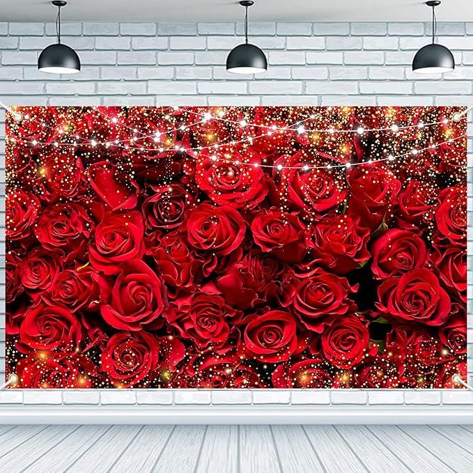 Happy Valentines Day Red Rose Banner Backdrop Large Party Photo Booth Decor