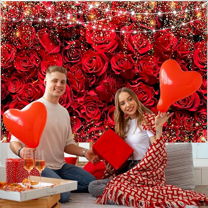 Happy Valentines Day Red Rose Banner Backdrop Large Party Photo Booth Decor