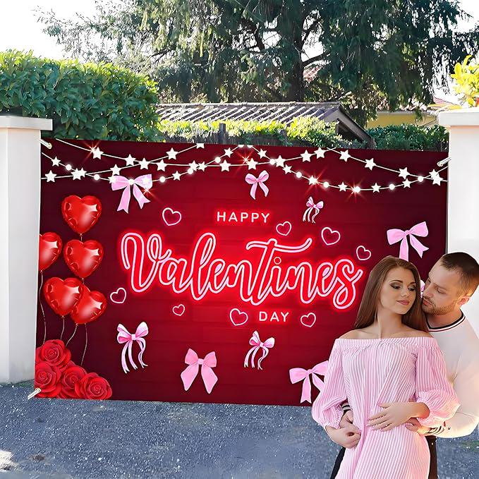 Happy Valentines Day Banner Red Rose Floral Backdrop Wedding Photo Booth Decor