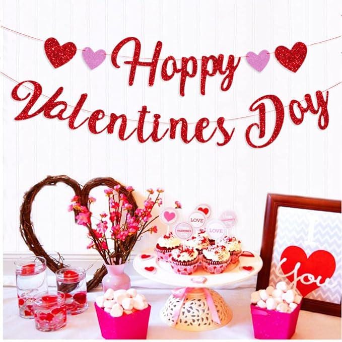 Happy Valentines Paper Banner Red Glitter Heart Party Decor Supplies