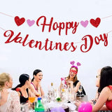Happy Valentines Paper Banner Red Glitter Heart Party Decor Supplies