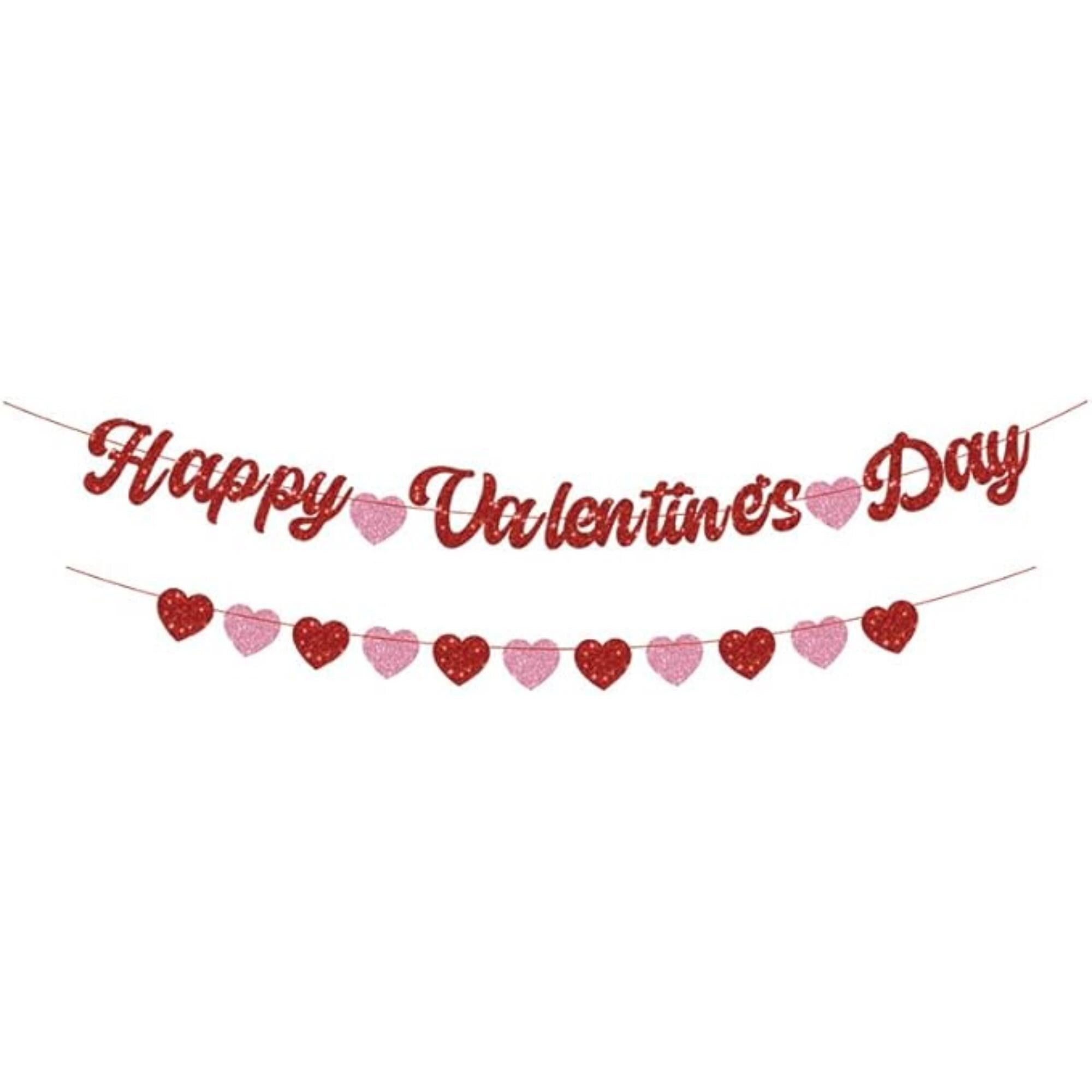 Happy Valentines Day Banner Red Pink Glitter Heart Party Decor