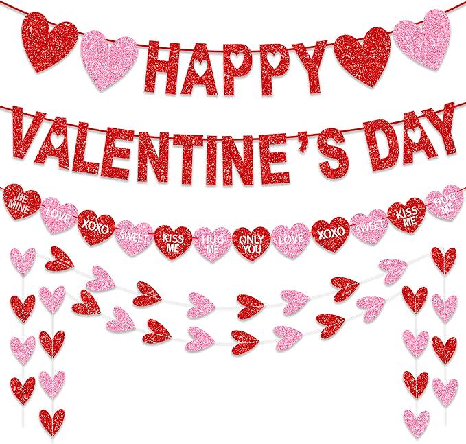 Happy Valentines Day Banner Pre Assembled Red Pink Heart Garland Decor