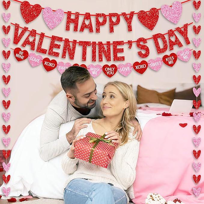 Happy Valentines Day Banner Pre Assembled Red Pink Heart Garland Decor