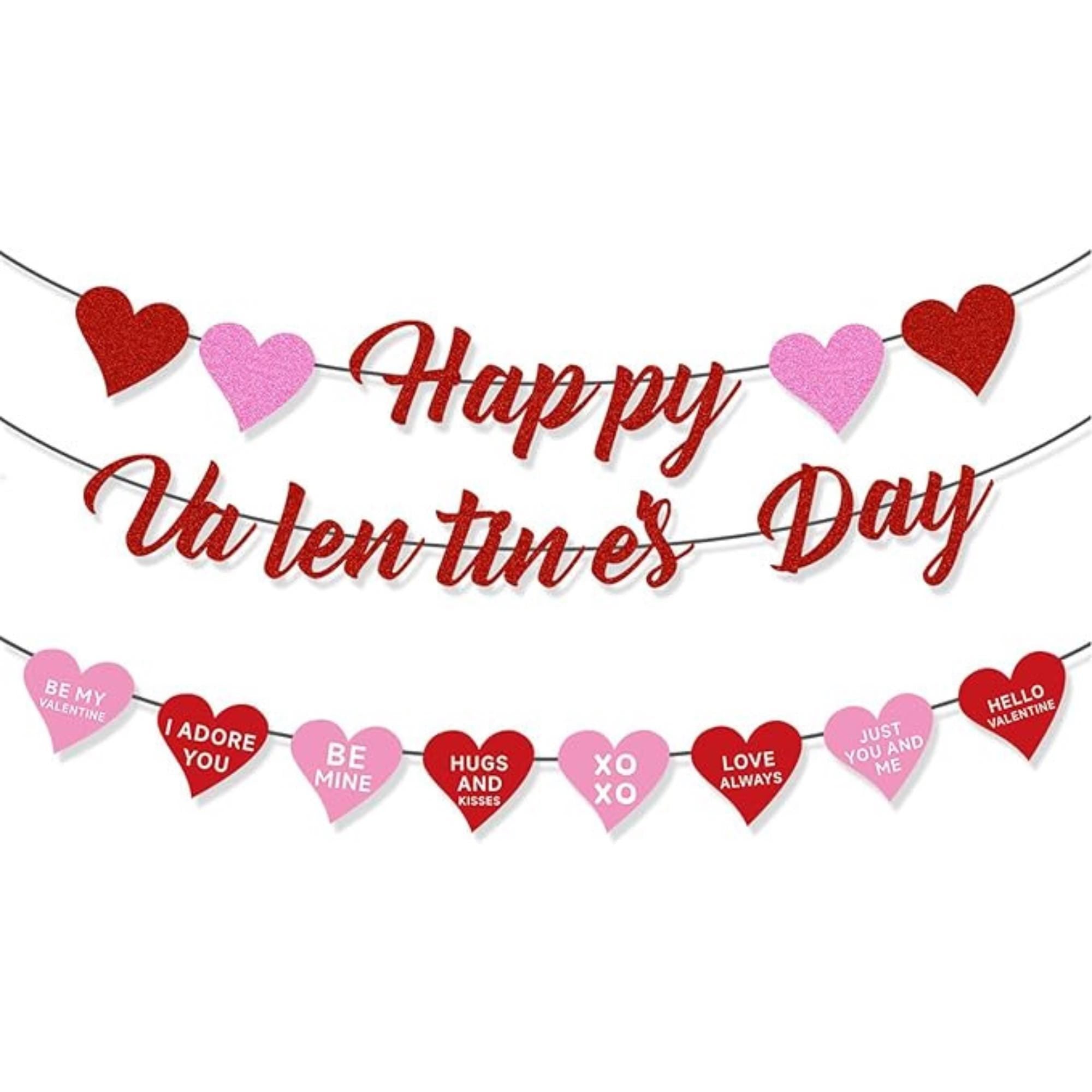 Glitter Happy Valentines Day Banner Red Pink Heart Garland Party Decor