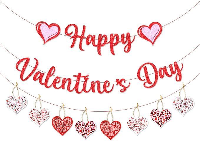 Happy Valentines Day Banner Red Glitter Paper Heart Garland Home Party Decor