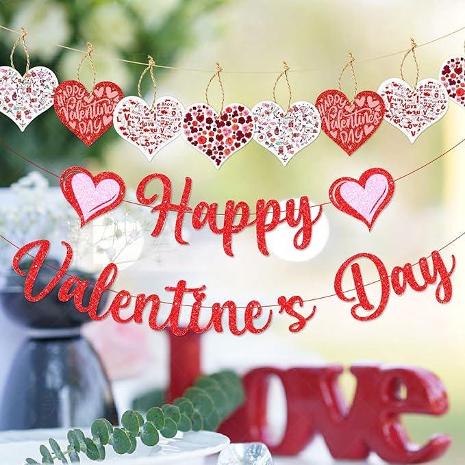 Happy Valentines Day Banner Red Glitter Paper Heart Garland Home Party Decor