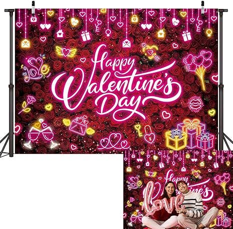 Neon Happy Valentine Backdrop Pink Love Hearts Valentines Day Wall Banner