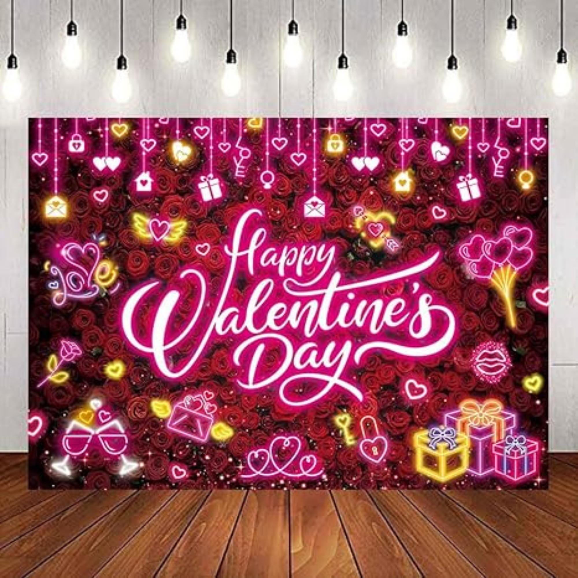 Neon Happy Valentine Backdrop Pink Love Hearts Valentines Day Wall Banner
