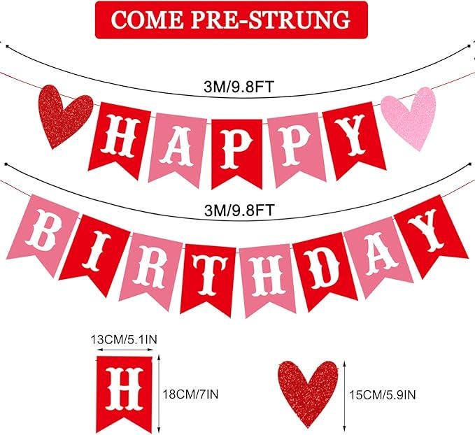 Happy Birthday Valentines Day Banner Red Pink Glitter Heart Wall Decoration