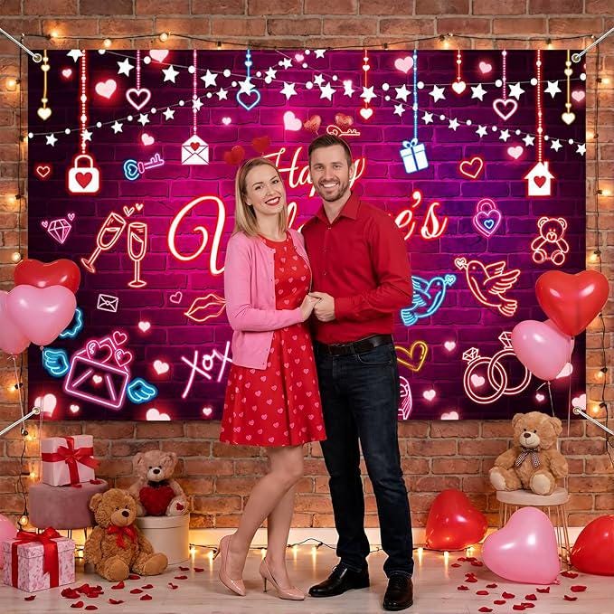 Valentines Day Neon Backdrop Pink Love Heart Party Photo Booth Banner