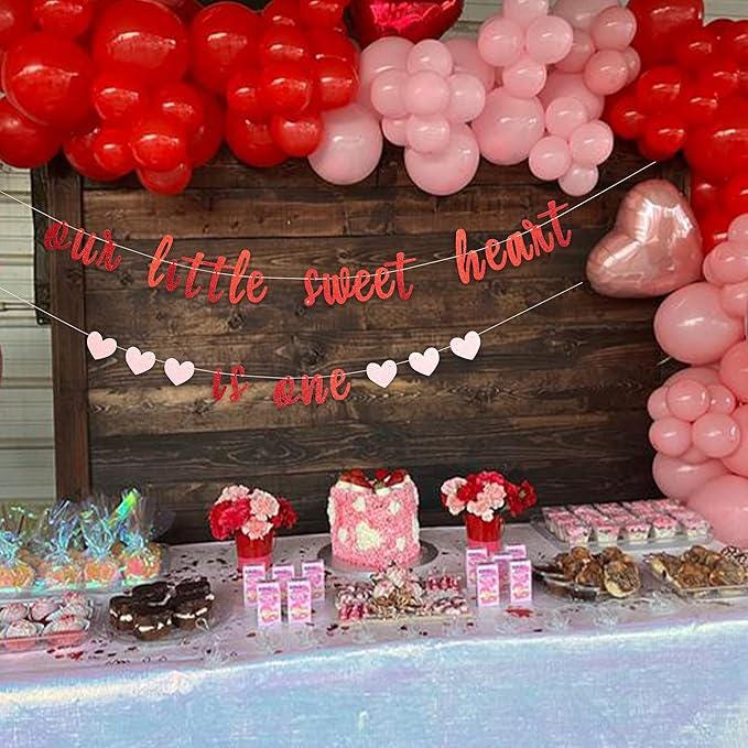 Our Little Sweetheart Is One Glitter Banner Valentine First Birthday Party Decor